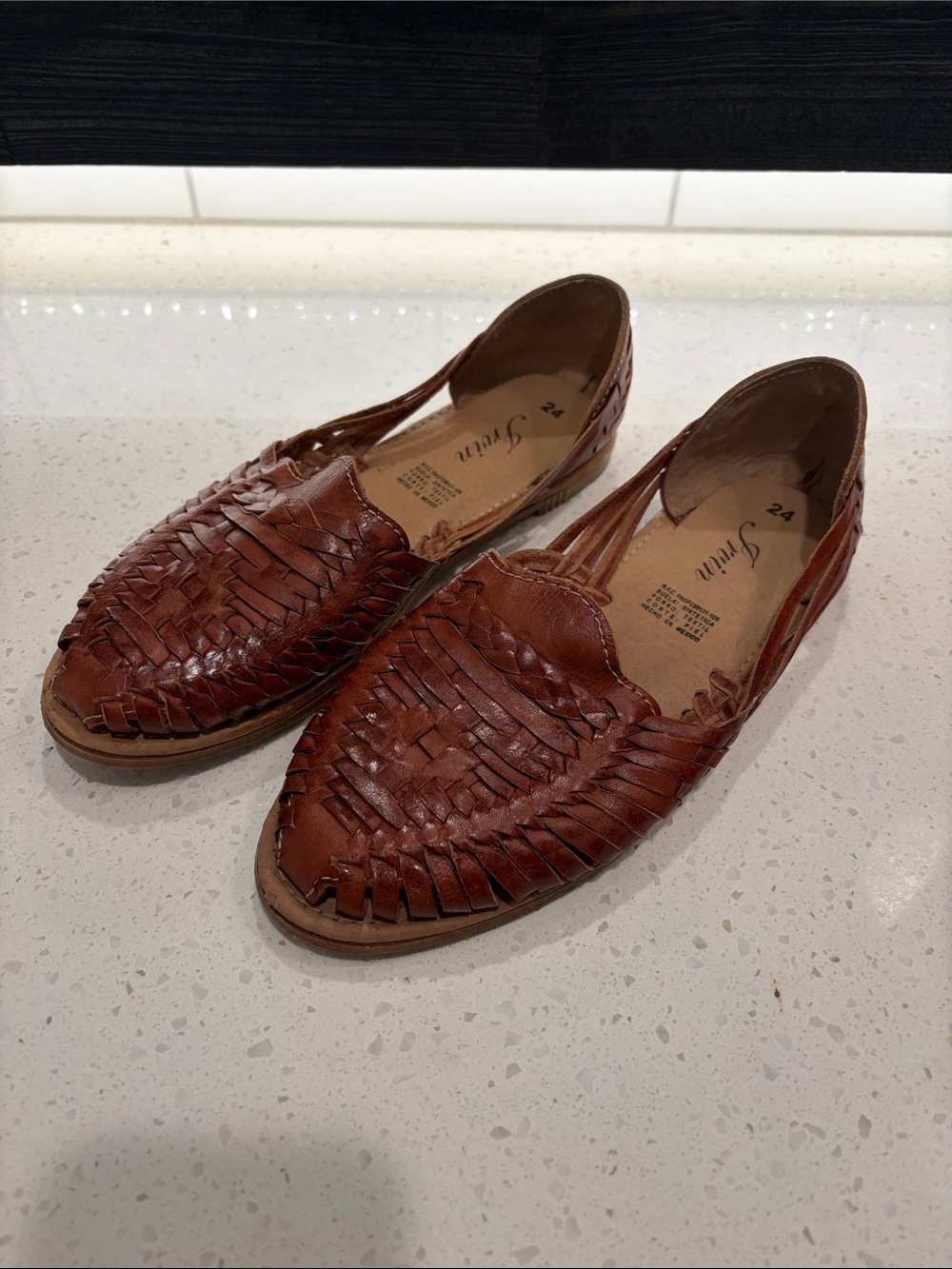 Woven Leather Huarache Flats - Brown